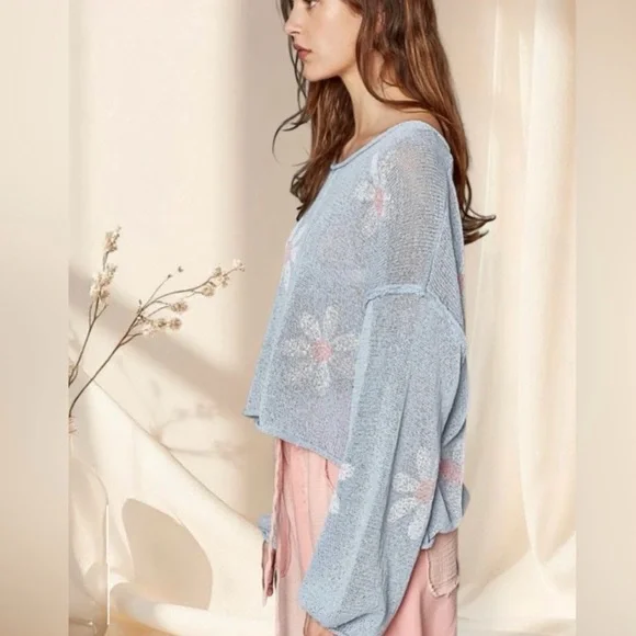 POL Sky Blue Daisy Print Sweater Lightweight Floral Balloon Sleeve Top - Picture 3 of 6